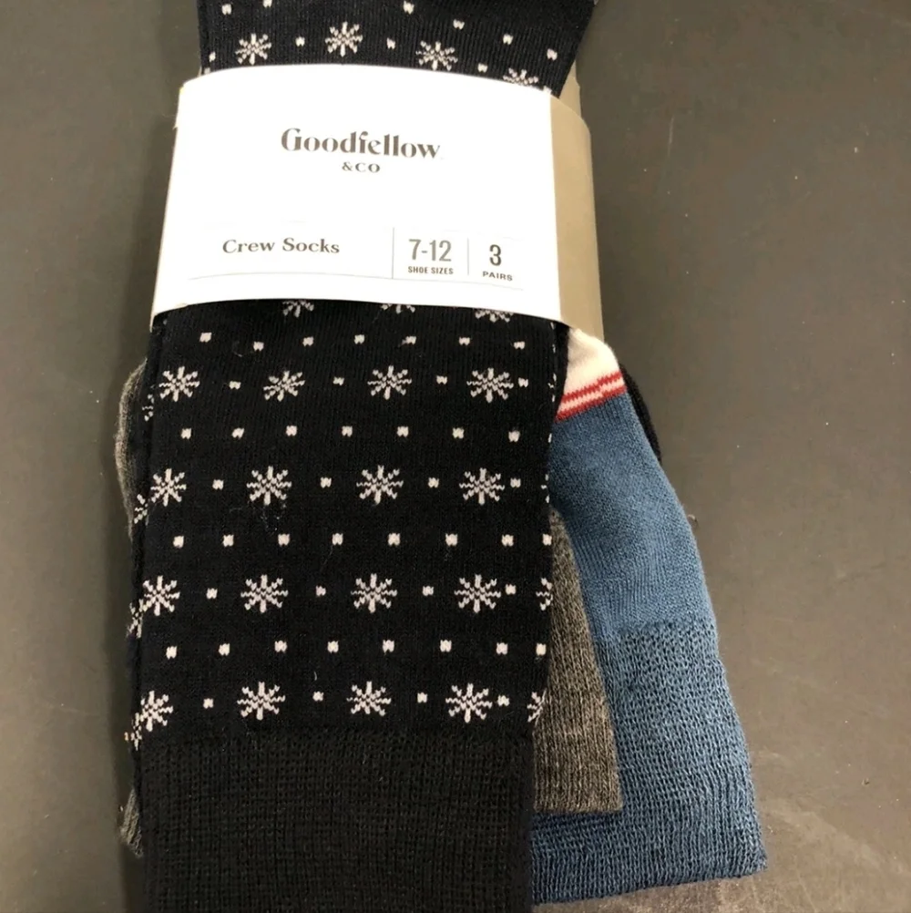 Goodfellow & Co Mens Crew Socks 3pr Snowflake/Gray/Blue Stripes, Sz 7-12